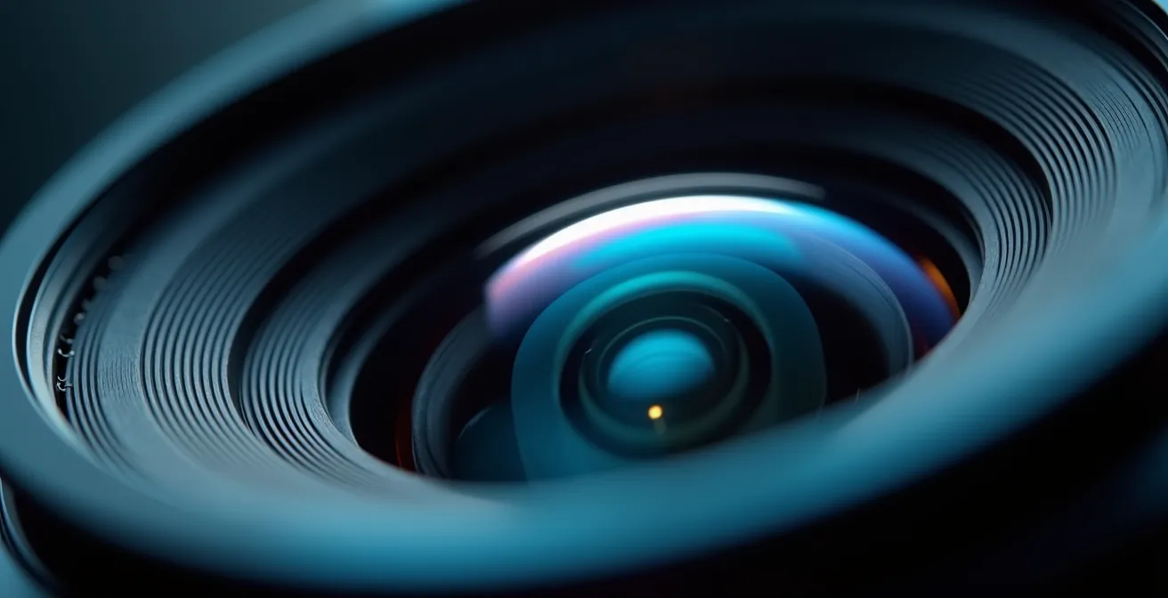 Vue macro détaillée de l'optique d'une caméra de surveillance