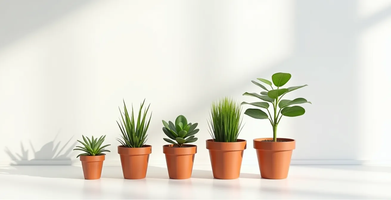 Progression de plantes en pots de différentes tailles représentant la croissance