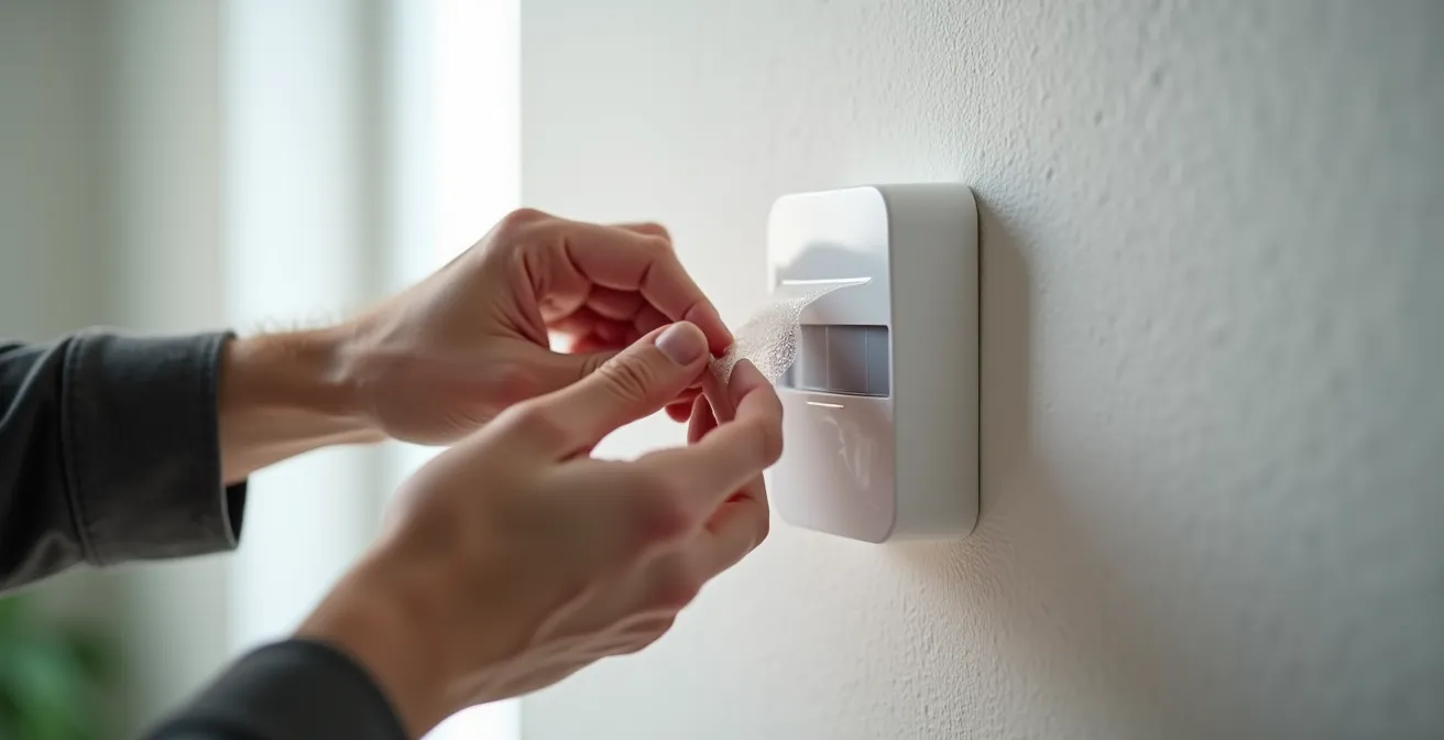 Main appliquant une bande adhésive haute performance sur un détecteur