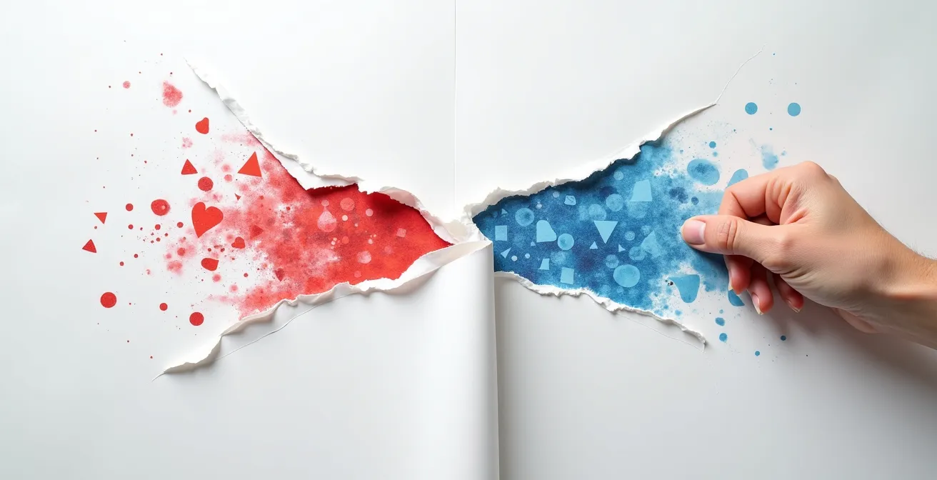 Main déchirant un document illustré de symboles de sécurité colorés abstraits