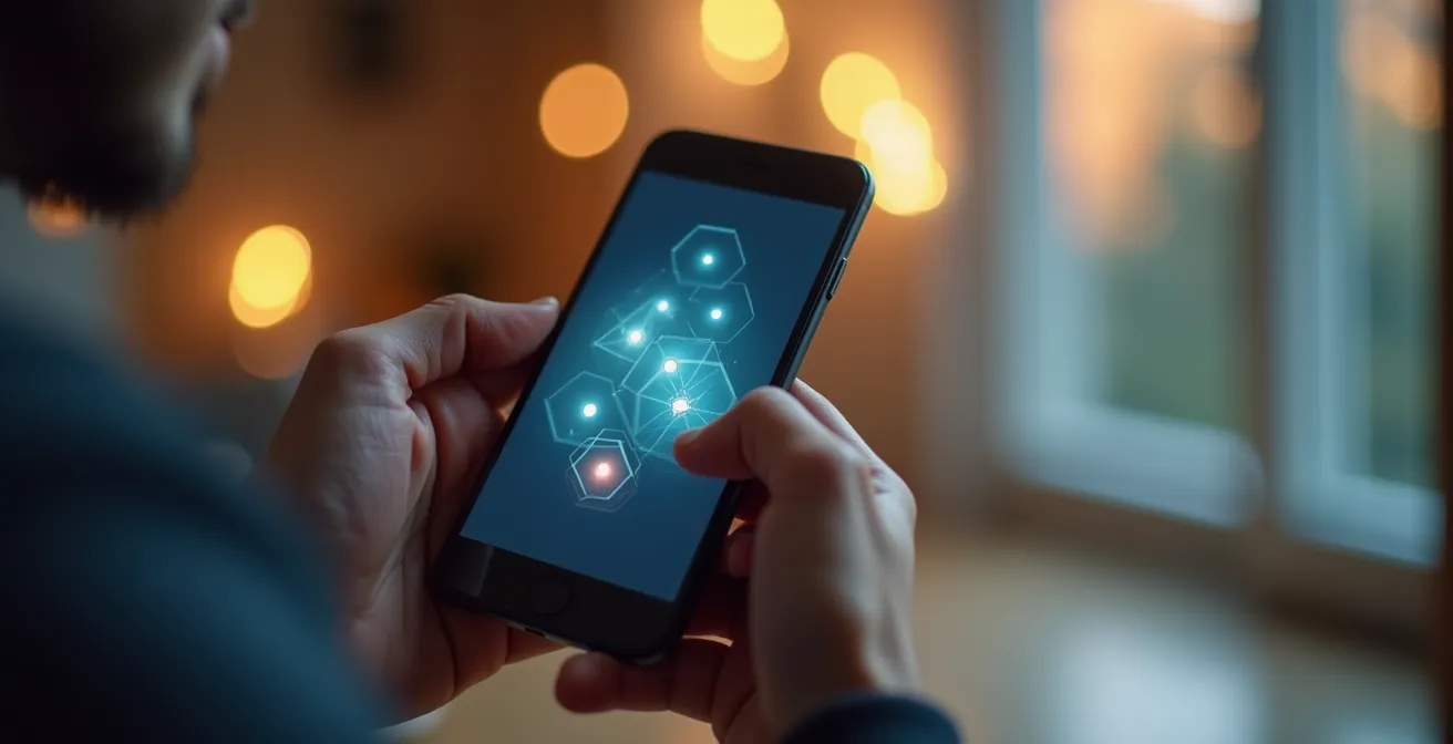 Mains configurant les paramètres de sécurité d'une caméra Wi-Fi sur smartphone