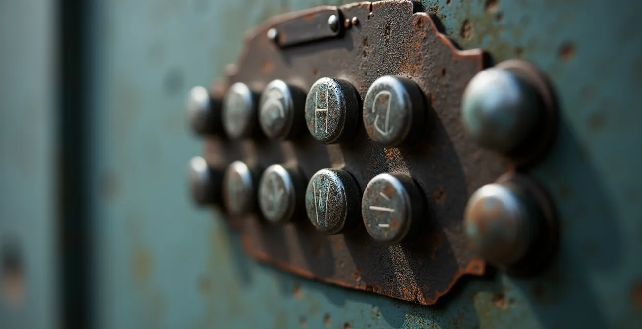 Vue détaillée d'un digicode d'immeuble avec des indices de contournement