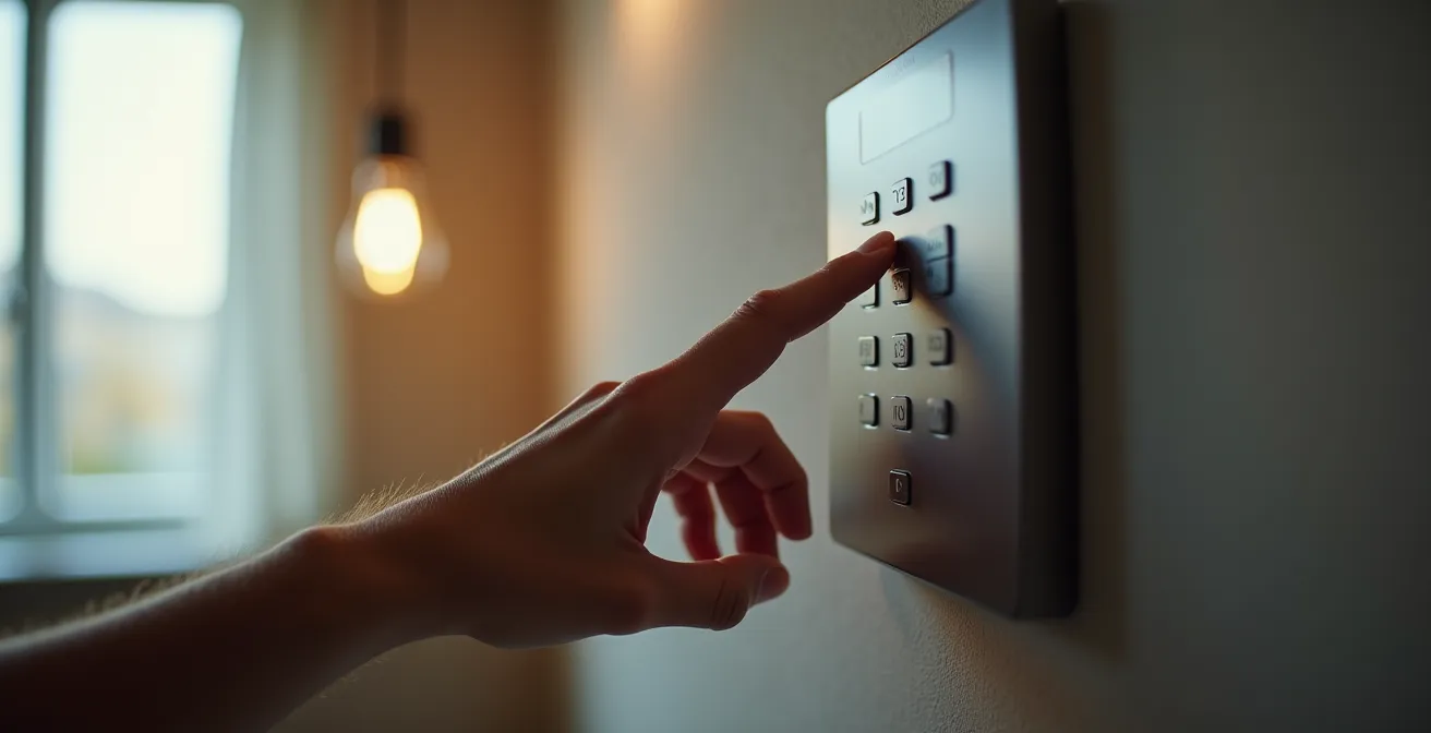 Main appuyant sur un clavier d'alarme mural