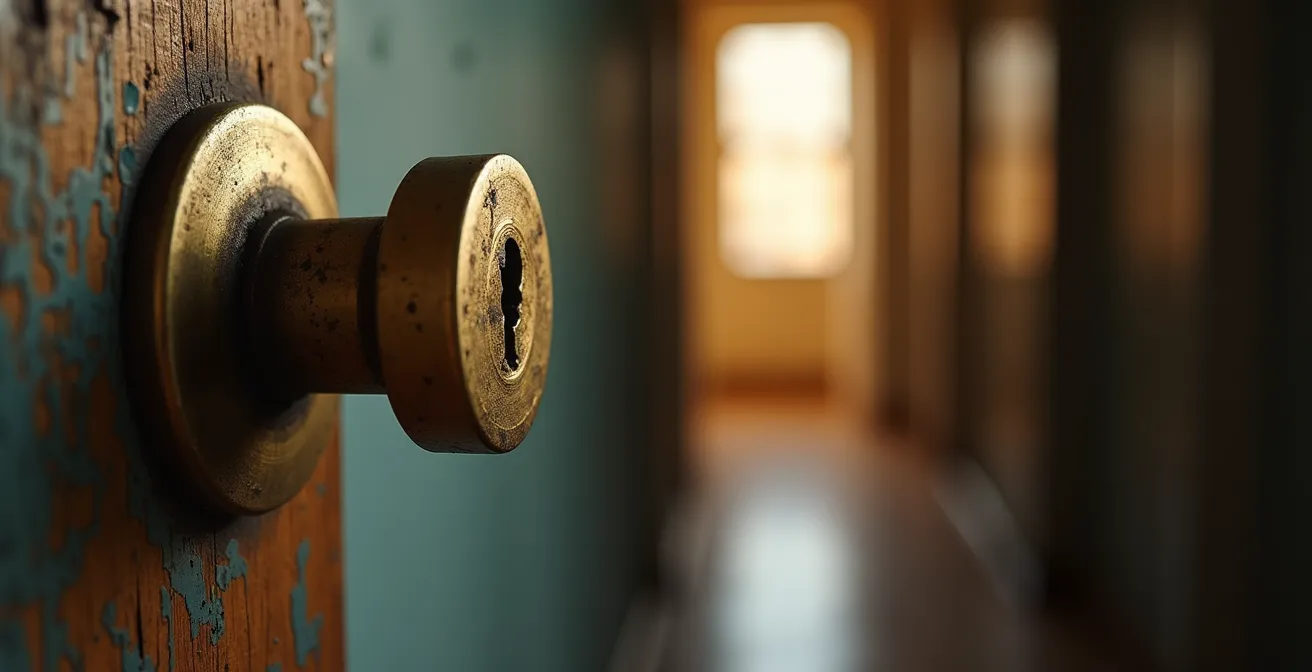 Gros plan sur une poignée de porte d'appartement avec serrure ancienne