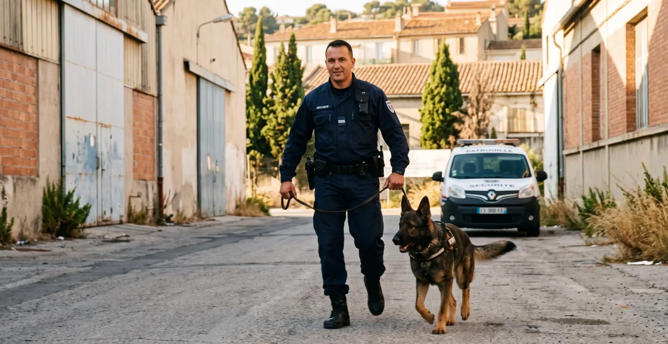 Agent de sécurité avec chien spécialisé effectuant une ronde de surveillance dans zone industrielle
