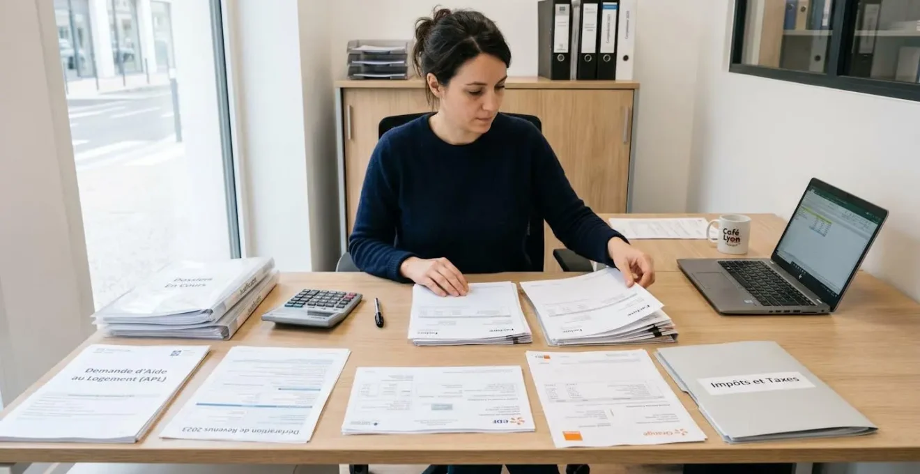Bureau avec documents administratifs, factures et formulaires d'aides financières organisés pour optimiser les coûts de sécurité entreprise