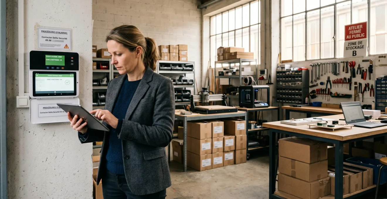 Gérant d'entreprise vérifiant le panneau de contrôle de son système d'alarme dans son local professionnel avec matériel et équipements visibles en arrière-plan