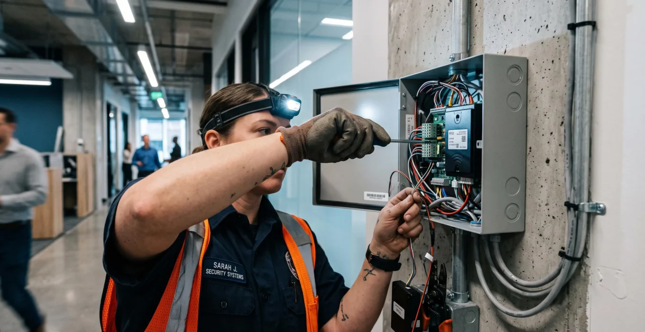 Technicien installant un système de contrôle d'accès par badges RFID avec boîtier électronique visible