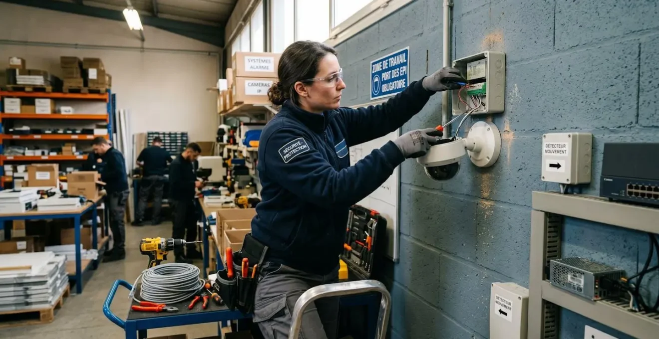 Technicien professionnel installant une caméra de sécurité sur le mur d'un local commercial avec ses outils et équipements de travail